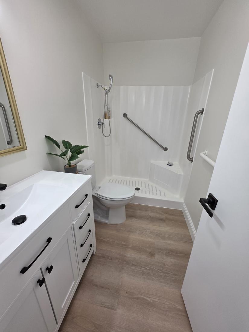 Bathroom with walk-in shower, grab bars, handheld sprayer and vanity