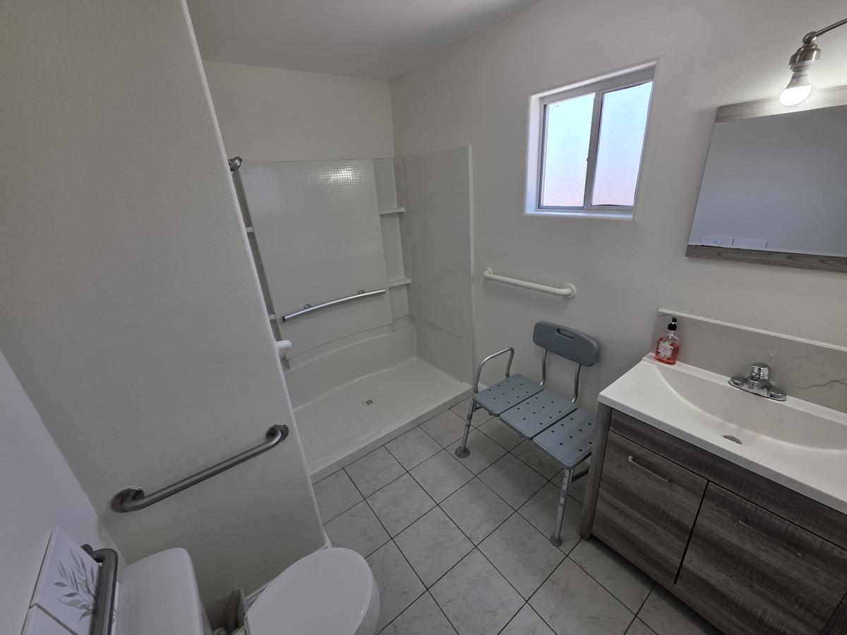 Accessible bathroom with roll-in shower, grab bars, transfer bench and vanity