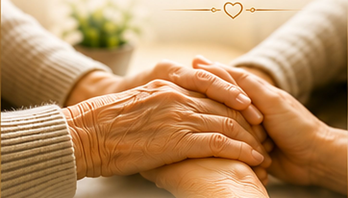 A caregiver's hand resting gently on an elderly resident's clasped hands
